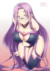  breasts cleavage cleavage_cutout clothing_cutout collar collarbone commentary_request dress fate/grand_order fate/stay_night fate_(series) female glasses kneeling large_breasts legs long_hair medusa_(fate) medusa_(rider)_(fate) medusa_(rider)_(third_ascension)_(fate) painttool_sai_(medium) purple_eyes purple_hair smile solo thigh_gap thighhighs thighs very_long_hair zanku 