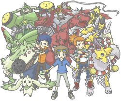  2boys digimon digimon_tamers female gallantmon gargomon growlmon guilmon kyuubimon li_jenrya makino_ruki matsuda_takato megagargomon multiple_boys rapidmon renamon sakuyamon taomon terriermon 