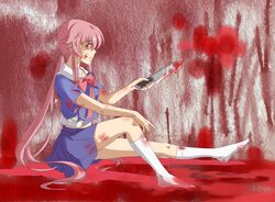  bad_id bad_pixiv_id blood blue_skirt female gasai_yuno highres holding holding_knife knife long_hair looking_at_viewer mirai_nikki pink_eyes pink_hair school_uniform sitting skirt solo suanjianyanchendianyushui white_legwear 