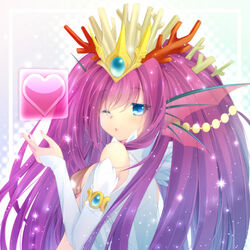  ;o arm_warmers armlet bad_id bad_pixiv_id bare_shoulders big_hair blue_eyes blush colored_eyelashes commentary_request coral female fingernails fins head_fins heart highres jewelry lips long_hair looking_back nano00 one_eye_closed open_mouth photoshop_(medium) purple_hair puzzle_&amp;_dragons shell shell_bikini siren_(p&amp;d) solo tiara upper_body very_long_hair 