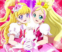  2girls :d asahina_mirai blonde_hair bow brooch color_connection commentary_request cure_flora cure_miracle earrings flower flower_earrings gloves go!_princess_precure green_eyes hairbow half_updo haruno_haruka hat holding_hands in-franchise_crossover interlocked_fingers jewelry long_hair looking_at_viewer magical_girl mahou_girls_precure! mini_hat mini_witch_hat moritakusan multicolored_hair multiple_girls open_mouth pink_background pink_bow pink_hair pink_hat pink_skirt precure puffy_sleeves purple_background purple_eyes skirt smile sparkle streaked_hair symmetry thick_eyebrows tilted_headwear two-tone_hair waist_bow white_gloves witch_hat 