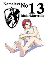  bare_shoulders barefoot bikini blush body_blush breasts cleavage feet female full_body gradient_hair long_hair multicolored_hair ponytail red_eyes red_hair riela_marcellis sakekan senjou_no_valkyria senjou_no_valkyria_3 side_ponytail silver_hair sitting solo swimsuit white_background 