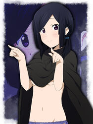  black_hair blush cloak commentary_request cosplay extra female ikari_manatsu k-on! navel occult_club_(k-on!) panties photoshop_(medium) purple_eyes satou_akane smile solo twintails underwear upper_body zoom_layer 