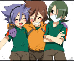  3boys blush genda_koujirou inazuma_eleven inazuma_eleven_(series) male male_focus marimo_danshaku multiple_boys narukami_kenya sakiyama_syuji smile 