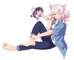  &gt;_&lt; 2girls :3 animal_ears animal_hands bad_id bad_pixiv_id bakemonogatari barefoot belt black_hair black_hanekawa breasts cat_ears chibi cleavage closed_eyes commentary_request denim dual_persona fangs full_body grin hanekawa_tsubasa highres jacket jeans kotobukidaifuku long_hair looking_at_viewer medium_breasts monogatari_(series) multicolored_hair multiple_girls one_eye_closed pants paw_pose school_uniform short_hair short_sleeves simple_background sitting skirt smile tail tiger_ears tiger_tail two-tone_hair wavy_hair white_background white_hair yellow_eyes 