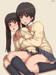  2girls :o ayumu_(zenkou) black_hair black_legwear blue_skirt blush bow brown_eyes chitose_(zenkou) commentary_request dated hug hug_from_behind kneehighs long_hair looking_at_viewer multiple_girls oerba_yun_fang open_mouth original pleated_skirt school_uniform serafuku shiny_skin short_hair simple_background sitting skirt socks sweater twintails yellow_background yuri zenkou 