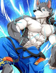  2017 abs anthro biceps black_nose canid canine canis clothed clothing digital_media_(artwork) fur kadzu male mammal muscular muscular_anthro muscular_male pecs solo topless wolf 