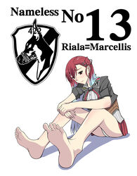  barefoot blush body_blush feet female full_body gradient_hair long_hair military military_uniform miniskirt multicolored_hair panties ponytail red_eyes red_hair riela_marcellis sakekan senjou_no_valkyria senjou_no_valkyria_3 side_ponytail silver_hair sitting skirt solo underwear uniform white_background white_panties 