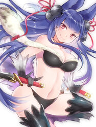  animal_ears bell blue_hair breasts cleavage commentary_request erune female fox_shadow_puppet fox_tail granblue_fantasy hair_bell hair_ornament large_breasts long_hair namaenadonai pink_eyes smile solo tail yuel_(granblue_fantasy) 