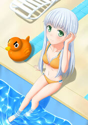  aoki_hagane_no_arpeggio barefoot bikini blue_hair blush chair commentary_request female from_above green_eyes highres iona_(aoki_hagane_no_arpeggio) kayama_kouji long_hair looking_at_viewer lounge_chair md5_mismatch photoshop_(medium) poolside rubber_duck sitting smile soaking_feet solo swimsuit water 