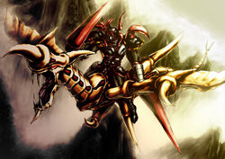  armor commentary_request curse_of_dragon dual_wielding duel_monster emudoru fangs flying gaia_the_dragon_champion gaia_the_fierce_knight holding horns lance mountain no_humans photoshop_(medium) polearm single_horn weapon yu-gi-oh! 