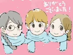  3girls aoi_hana black_hair blush blush_stickers braid brown_hair character_request glasses manjoume_fumi multiple_girls okudaira_akira parted_bangs pink_background scarf shared_clothes shared_scarf shimura_takako short_hair smile swept_bangs translated twin_braids 