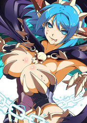  blood blood_on_breasts blood_on_face blue_eyes blue_hair breasts cape chains cleavage commentary_request female gauntlets grida_(p&amp;d) hairband highres horns jewelry large_breasts miyabi_(miura105) navel necklace oerba_yun_fang pointy_ears puzzle_&amp;_dragons short_hair simple_background skull smile solo tongue tongue_out white_background 