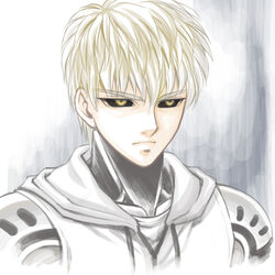  1boy bad_id bad_tumblr_id baitu black_sclera blonde_hair colored_sclera cyborg genos hood hoodie male_focus one-punch_man photoshop_(medium) portrait solo yellow_eyes 