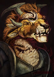  armor burn_scar bust_portrait c.t.elder charr fangs felid female fur guild_wars hair hi_res horn mammal multi_ear orange_body orange_fur orange_hair portrait scar solo striped_body striped_fur stripes teeth yellow_eyes 