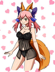  animal_ears asortofcolorfag bare_shoulders blush breasts cleavage collarbone colorized commentary_request fate/extra fate_(series) female fox_ears fox_tail groin hair_ribbon hereisds highres large_breasts lingerie long_hair looking_at_viewer midriff navel orange_tail pink_hair ribbon solo tail tamamo_(fate) tamamo_no_mae_(fate/extra) twintails underwear yellow_eyes 