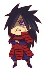  1boy armor bandage chibi corpse crossed_arms edo_tensei gloves hair_over_one_eye hydrangea0929 long_hair looking_at_viewer male male_focus naruto naruto_shippuuden purple_eyes rinnegan sandals serious solo spiked_hair uchiha_madara uchiha_madara_(edo_tensei) white_background 