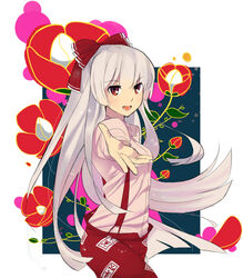  bad_id bad_pixiv_id beckoning bow dress_shirt female floral_background flower foreshortening fujiwara_no_mokou hairbow long_hair open_mouth outstretched_arm outstretched_hand pants red_eyes shirt smile solo suspenders tadataka touhou very_long_hair white_hair 