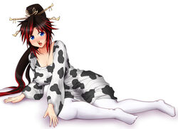  ass banpresto black_hair blue_eyes breasts cleavage cow_girl cow_print curvy female female hair_ornament huge_breasts legs long_hair long_ponytail multicolored_hair nanbu_kaguya nose_piercing nose_ring open_mouth piercing ponpo ponytail red_hair septum_piercing simple_background solo super_robot_wars super_robot_wars_og_saga_mugen_no_frontier thighhighs white_background white_legwear white_thighhighs 