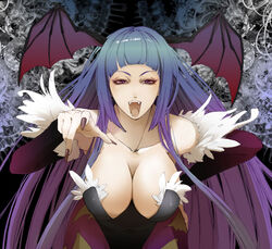  animal_print arm_warmers bare_shoulders bat_print bat_wings blue_hair blunt_bangs breasts cleavage commentary_request demon_girl fangs feathers female fingernails fur-trimmed_leotard fur_trim gradient_hair hand_on_own_hip head_wings highleg highleg_leotard large_breasts leaning leaning_forward leotard long_fingernails long_hair morrigan_aensland multicolored_hair nail_polish open_mouth pantyhose pointing pointing_at_viewer print_pantyhose purple_eyes purple_hair purple_nails purple_pantyhose purple_wings seqet-aru solo teeth vampire_(game) very_long_hair wings 