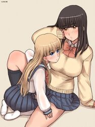  2girls age_difference ayaka_(zenkou) black_hair blonde_hair blush brown_eyes commentary_request dated long_hair looking_at_viewer multiple_girls onee-loli original school_uniform serafuku sofia_(zenkou) sweater yuri zenkou 