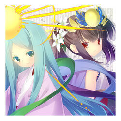  2girls amaterasu_(p&amp;d) aqua_eyes aqua_hair back-to-back bad_id bad_pixiv_id bare_shoulders black_hair coat commentary_request floral_print flower hair_flower hair_ornament haori headpiece japanese_clothes kimono long_hair long_sleeves looking_at_another multiple_girls nano00 photoshop_(medium) ponytail puzzle_&amp;_dragons red_eyes sleeping sun upper_body very_long_hair yomi_(p&amp;d) 