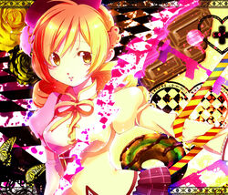  beret blonde_hair breasts bug butterfly candy checkered_floor chigo chocolate commentary_request corset detached_sleeves drill_hair dual_persona female flower food gun hair_ornament hairpin handgun hat heart henshin highres luger_p08 m1911 magical_girl mahou_shoujo_madoka_magica mahou_shoujo_madoka_magica_(anime) medium_breasts mitakihara_school_uniform plaid plaid_skirt pleated_skirt puffy_sleeves ribbon rose school_uniform skirt tomoe_mami tomoe_mami_(magical_girl) transformation twin_drills twintails weapon yellow_eyes yellow_flower yellow_rose 