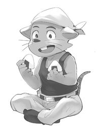  2017 5_fingers anthro bandana belt biped bottomwear buckteeth chuukichi_(morenatsu) clothed clothing fingers food footwear greyscale holding_object kerchief legwear male mammal masshiro monochrome morenatsu mouse murid murine onigiri open_mouth pants rice rodent shirt simple_background sitting smile socks solo tank_top teeth tongue topwear whiskers white_background 