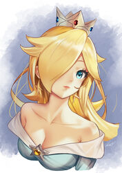  absurdres bare_shoulders blonde_hair blue_dress blue_eyes breasts brooch collarbone crown dress earrings female hair_over_one_eye highres jewelry kurere1202 long_hair looking_at_viewer mario_(series) off-shoulder_dress off_shoulder rosalina signature solo star_(symbol) star_brooch star_earrings super_mario_galaxy upper_body 