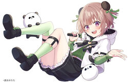  :d animal artist_name asymmetrical_legwear black_footwear black_skirt bow brown_hair commentary_request copyright_notice double_bun eyebrows_hidden_by_hair female frilled_skirt frills full_body green_bow green_shirt green_socks hair_bun hairbow harvest_moon_(vtuber) hood hood_down hooded_jacket jacket long_sleeves looking_at_viewer minamoto_mamechichi official_art over-kneehighs panda purple_eyes ribbed_shirt ribbon-trimmed_hood ribbon_trim shirt shoe_soles shoes simple_background single_over-kneehigh single_sock single_thighhigh skirt smile socks solo teeth thighhighs tsukinowa_noa two_side_up upper_teeth_only virtual_youtuber white_background white_jacket 