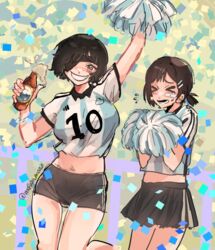  &gt;_&lt; 2022_fifa_world_cup 2girls argentina argentinian_flag argentinian_flag_print arm_up beer_bottle black_hair black_skirt blue_shirt blush breasts chainsaw_man closed_eyes commentary confetti cosplay crop_top cropped_shirt english_commentary eyepatch flag_print green_eyes higashiyama_kobeni himeno_(chainsaw_man) holding holding_pom_poms large_breasts lionel_messi lionel_messi_(cosplay) looking_at_viewer masshumaro midriff multiple_girls pom_pom_(cheerleading) quilmes_(brand) shirt short_hair short_ponytail short_shorts shorts skirt smile soccer_uniform sportswear striped_clothes striped_shirt teeth twitter_username vertical-striped_clothes vertical-striped_shirt white_shirt world_cup 