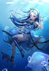  absurdres ads_(girls&#039;_frontline) animal anklet arm_up asymmetrical_legwear barefoot blue_dress blue_eyes blue_hair closed_mouth commentary dress dress_straps facial_tattoo female full_body girls&#039;_frontline gloves hair_ornament hairband highres jellyfish jewelry light_rays long_hair looking_at_viewer mechanical_legs nalua_h ocean one_side_up prosthesis prosthetic_leg puffy_sleeves russian_text sea_turtle see-through see-through_dress sidelocks single_mechanical_leg solo strap submerged sunlight tattoo thighs translated turtle very_long_hair water white_gloves 