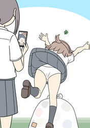  2girls black_hair blue_skirt brown_hair cellphone clover collared_shirt falling four-leaf_clover juukyuu medium_hair multiple_girls original panties pantyshot phone pleated_skirt ponytail recording school_uniform shirt shoes short_sleeves skirt smartphone socks standing trash_bag tripping underwear white_panties white_shirt 