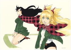  2girls artist_name black_hair black_legwear black_shorts blonde_hair blue_eyes bow breasts burn_the_witch capelet eyelashes green_eyes green_jacket green_skirt hair_ornament highres jacket kubo_tite large_breasts legs_together loafers long_hair long_sleeves looking_at_viewer looking_to_the_side multiple_girls niihashi_noel ninny_spangcole official_art pleated_skirt school_uniform shirt shoes short_shorts shorts sidelocks simple_background skirt tan_background teeth thighs unmoving_pattern watermark white_shirt 