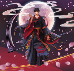  1boy black_hair blurry cigarette commentary depth_of_field embellished_costume full_body full_moon highres japanese_clothes looking_at_viewer male_focus moon petals rubydian sakurazuka_seishirou scythe short_hair simple_background smoke solo torn_clothes twitter_username wide_sleeves x_(manga) 