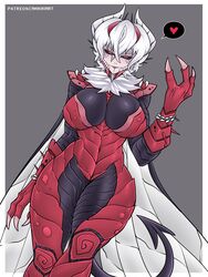  anikiki armor arthropod_girl beelzebub_(helltaker) black_eyes black_sclera breasts chitin claws colored_sclera demon_girl demon_horns female grey_background helltaker highres horns monster_girl red_armor red_pupils tail thighs white_hair wings 