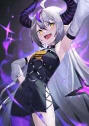  :d armpits bare_shoulders black_dress braid breasts commentary demon_horns detached_sleeves dress female grey_hair hair_between_eyes highres hololive horns la+_darknesss la+_darknesss_(1st_costume) long_hair long_sleeves multicolored_hair o-ring pointy_ears puffy_long_sleeves puffy_sleeves purple_hair purple_legwear rui_rubellent sleeveless sleeveless_dress small_breasts smile solo streaked_hair striped_horns teeth upper_teeth_only very_long_hair virtual_youtuber white_sleeves 