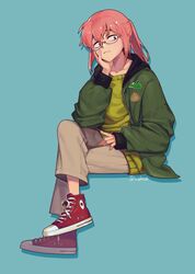  androgynous brown_pants converse crossed_legs female glasses green_jacket hand_on_own_face highres jacket kobayashi-san_chi_no_maidragon kobayashi_(maidragon) korean_commentary midair nightea pants pink_hair sitting solo streetwear 