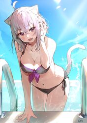  absurdres ahoge animal_ear_fluff animal_ears bad_id bad_pixiv_id bikini black_bikini blue_sky blush breasts cat_ears cat_girl cat_tail cleavage collarbone commentary cowboy_shot day female hair_between_eyes hand_in_own_hair highres hololive idenshi_hina large_breasts looking_at_viewer midriff navel nekomata_okayu open_mouth pool purple_eyes purple_hair short_hair sky smile solo swimsuit symbol-only_commentary tail thighs virtual_youtuber water 