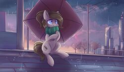  absurd_res ardail blue_eyes brown_hair cutie_mark equid equine fan_character female hair hasbro hi_res hooves horse huge_filesize mammal mocha_latte my_little_pony on_roof outside pony ponytail power_lines raining rooftop scarf sitting solo umbrella unguligrade 