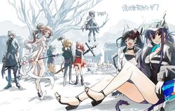  1boy 6+girls :3 :d animal_ears arknights bare_legs bare_shoulders bare_tree barefoot bikini black_choker black_footwear black_gloves black_jacket black_shirt black_tank_top blaze_(arknights) blonde_hair blue_hair breasts bridal_garter brown_hair ch&#039;en_(arknights) ch&#039;en_the_holungday_(arknights) choker cleavage crown dragon_horns drone eyjafjalla_(arknights) eyjafjalla_(summer_flower)_(arknights) fur-trimmed_jacket fur_trim gloves grey_hair hairband hammer horns horns_through_headwear iwashi_80 jacket leopard_ears lion_tail long_sleeves medium_breasts mini_crown multiple_girls myrtle_(arknights) myrtle_(light_gold_celebration)_(arknights) off-shoulder_bikini off_shoulder official_alternate_costume outdoors ponytail red_eyes red_hairband robin_(arknights) robin_(gift_of_wild)_(arknights) running sandals scarf shirt shoes siege_(arknights) siege_(legacy)_(arknights) silence_(arknights) silence_(frosted_breath)_(arknights) silverash_(arknights) silverash_(york&#039;s_bise)_(arknights) smile surtr_(arknights) surtr_(liberte_echec)_(arknights) swimsuit sword tail tank_top thighs tree weapon 