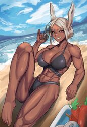  abs animal_ears aviator_sunglasses bare_shoulders barefoot beach bikini black_bikini blue_sky boku_no_hero_academia breasts can carrot cleavage cloud collarbone cooler dark-skinned_female dark_skin drink_can elbow_rest feet female food hair_bun highres holding holding_removed_eyewear knee_up large_breasts long_eyelashes looking_at_viewer mirko muscular muscular_female navel outdoors parted_bangs parted_lips popsicle rabbit_ears rabbit_girl raised_eyebrow reclining red_eyes single_hair_bun sky smile soda_can solo soolee040995 stomach sunglasses swimsuit thighs toenails toes unworn_eyewear water white_hair 