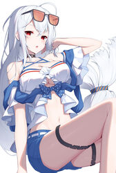  :o arknights arm_support bare_shoulders bikini bikini_shorts breasts choker cleavage eyewear_on_head female hair_between_eyes hand_in_own_hair highres large_breasts long_hair looking_at_viewer navel official_alternate_costume red_eyes shorts sitting skadi_(arknights) skadi_(waverider)_(arknights) solo stomach sunglasses swimsuit thigh_strap tinted_eyewear very_long_hair white_hair yuxian_youka 