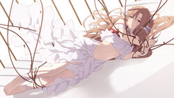  barefoot brown_eyes brown_hair cait dress long_hair navel pointed_ears ribbons rope sword_art_online yuuki_asuna 