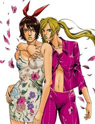  2girls araki_hirohiko_(style) arm_around_shoulder blue_eyes breasts brown_eyes brown_hair cleavage dark-skinned_female dark_skin dress english_commentary floral_print green_lips hairband hand_on_own_hip hanny_(uirusu_chan) highres jojo_no_kimyou_na_bouken jojo_pose josie_rizal lipstick long_hair looking_at_viewer lucky_chloe makeup medium_breasts multiple_girls navel pants parody partially_unbuttoned petals pink_pants pink_shirt pose print_dress red_hairband shirt short_dress style_parody sundress tekken tekken_7 twintails white_background 