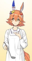  +_+ animal_ears apron brown_eyes cooking ear_covers ema female highres horse_ears horse_girl horse_tail japanese_clothes kappougi ladle matikanefukukitaru_(umamusume) omamori orange_hair plate single_ear_cover solo spatula tail tasting tasting_plate traditional_clothes tsuji_santa umamusume 