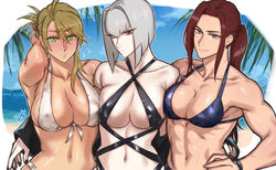  3girls beach bikini blonde_hair blue_eyes blunt_bangs blunt_ends breasts brown_hair cleavage collarbone commentary_request drill_(emilio) flying_sweatdrops green_eyes grey_hair hair_between_eyes highres looking_at_viewer multiple_girls muscular muscular_female navel ocean original outdoors ponytail red_eyes sand scar scar_on_arm scar_on_face scar_on_neck scar_on_stomach swimsuit 