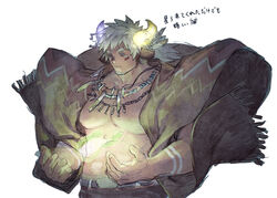  1boy animal_ears asymmetrical_horns bad_id bad_twitter_id bara bare_pectorals cloak cow_boy cow_ears cow_horns cowboy_shot dark-skinned_male dark_skin expressionless eye_black facial_hair fiery_horns forked_eyebrows gackbuck glowing glowing_horns goatee highres horns jewelry large_pectorals looking_down male_focus mismatched_horns muscular muscular_male necklace nipples pectorals protected_link short_hair sideburns solo thick_eyebrows tokyo_afterschool_summoners tooth_necklace tribal wakan_tanka wakan_tanka_mugen white_background 