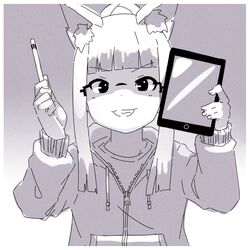  animal_ear_fluff animal_ears blunt_bangs commentary_request drawing_tablet drawstring female fox_ears glasses gradient_background grey_background greyscale grin hair_bun hands_up holding holding_drawing_tablet holding_stylus hood hood_down hooded_jacket jacket kono_iroha kuro_kosyou long_hair long_sleeves monochrome original puffy_long_sleeves puffy_sleeves shirt sidelocks single_hair_bun sleeves_past_wrists smile solo stylus upper_body v-shaped_eyebrows white_background 