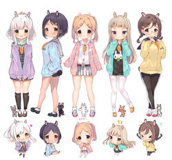  &gt;_&lt; 5girls :&lt; :p animal_ears arms_up ass belt black_dress black_footwear black_hair black_shorts black_socks blue_cardigan blush braid brown_eyes brown_footwear brown_hair cardigan carrot chibi crossed_legs double_v dress forehead full_body glasses green_eyes grey_dress grey_skirt grin hair_ornament hairclip hands_in_pockets heart heterochromia highres kneehighs leggings long_hair multiple_girls orange_footwear original pantyhose pink_cardigan pink_footwear plaid plaid_dress plaid_skirt ponytail purple_cardigan rabbit_ears rabbit_tail senmen_kinuko shirt shoes short_dress short_hair short_shorts shorts skirt smile socks tail thighband_pantyhose tongue tongue_out twin_braids twintails v white_hair white_pantyhose white_shirt yellow_shirt 